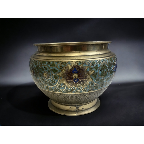 363 - A JAPANESE BRONZE ENAMEL CHAMPLEVE INLAID PLANTER. SIGNED TO BASE. 
16 X 21CM