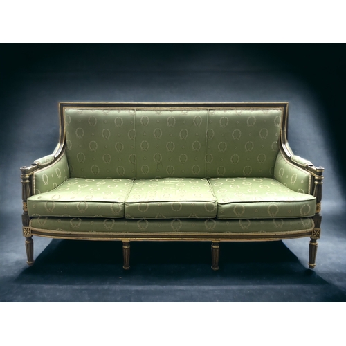 778 - ANTIQUE REGENCY STYLE SQUARE BACK  SOFA. CARVED & GILDED,  UPHOLSTERED WITH GREEN SILK 'WREATH' PATT... 