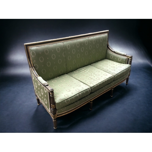 778 - ANTIQUE REGENCY STYLE SQUARE BACK  SOFA. CARVED & GILDED,  UPHOLSTERED WITH GREEN SILK 'WREATH' PATT... 