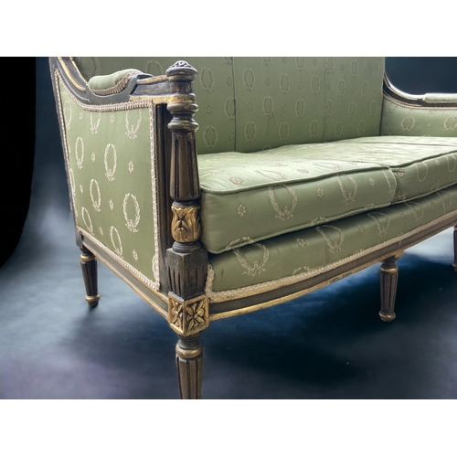 778 - ANTIQUE REGENCY STYLE SQUARE BACK  SOFA. CARVED & GILDED,  UPHOLSTERED WITH GREEN SILK 'WREATH' PATT... 