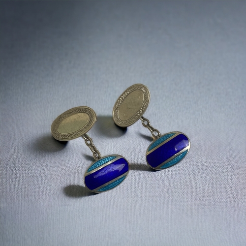 369 - A PAIR OF STERLING SILVER & ENAMEL CUFF LINKS.