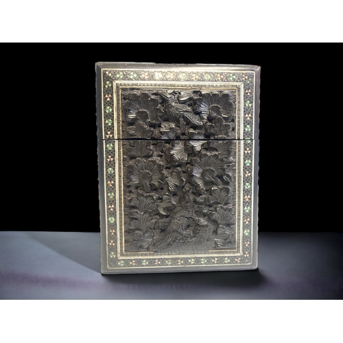 372 - ANTIQUE ANGLO-INDIAN CARVED CARD BOX. 
INTRICATELY CARVED, WITH SADELI INLAID MOSAIC BORDER PATTERN.... 