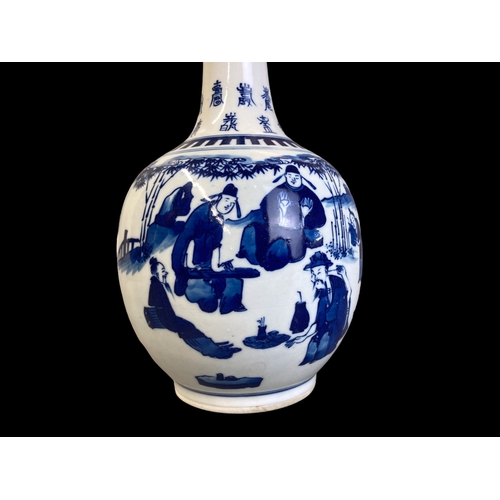 430 - A CHINESE BLUE & WHITE PORCELAIN BOTTLE VASE. QING DYNASTY OR LATER. PAINTED WITH VARIOUS FIGURES AM... 