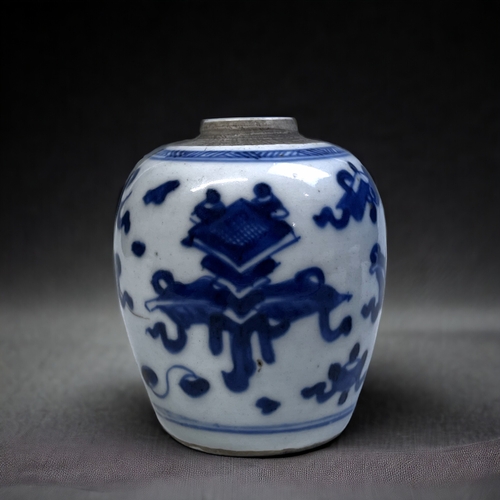 166 - A CHINESE BLUE & WHITE PORCELAIN VASE. 
Qing dynasty. painted with Buddhist auspicious symbols. Toge... 