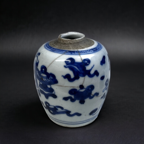 166 - A CHINESE BLUE & WHITE PORCELAIN VASE. 
Qing dynasty. painted with Buddhist auspicious symbols. Toge... 