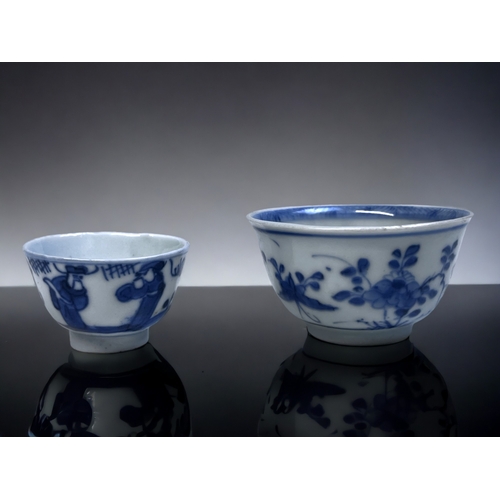 169 - THREE QING DYNASTY CHINESE PORCELAIN WINE CUPS & TEABOWL.
Including a Kangxi period moulded wine cup... 