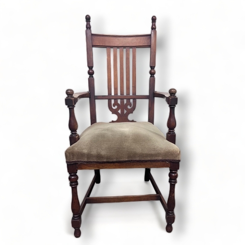 3 - A VICTORIAN AESTHETIC MOVEMENT STYLE CHAIR.
UPHOLSTERED SEAT, WITH STYLISED DESIGN BACKREST AND CURV... 