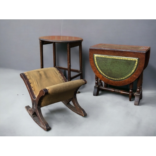 7 - A VICTORIAN ROCKING FOOT GOUT STOOL,
together with occasional & folding tables.