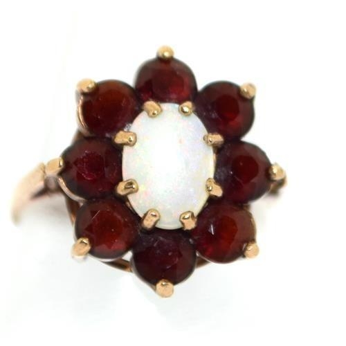 89 - 9ct gold ladies Garnet and Opal ring size N