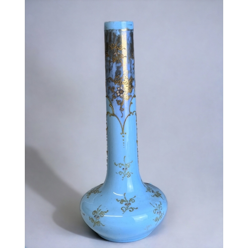 141 - A TALL 19TH CENTURY TURQUOISE OPALINE GLASS VASE. 
Over-painted stylised foliate design. 
Bulbous ba... 