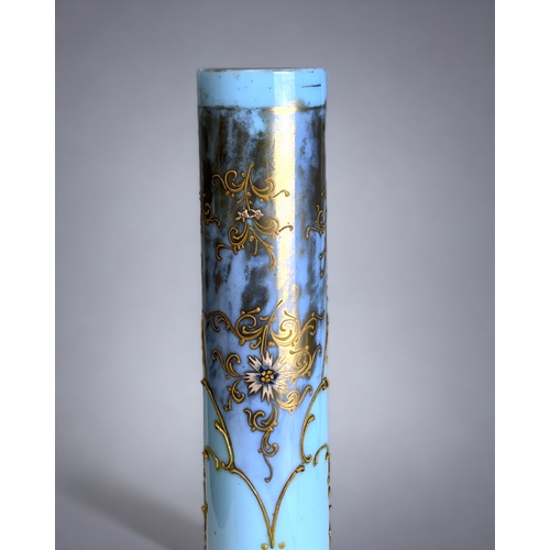 141 - A TALL 19TH CENTURY TURQUOISE OPALINE GLASS VASE. 
Over-painted stylised foliate design. 
Bulbous ba... 