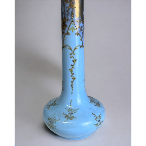 141 - A TALL 19TH CENTURY TURQUOISE OPALINE GLASS VASE. 
Over-painted stylised foliate design. 
Bulbous ba... 