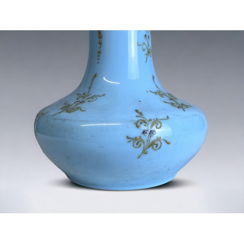 141 - A TALL 19TH CENTURY TURQUOISE OPALINE GLASS VASE. 
Over-painted stylised foliate design. 
Bulbous ba... 