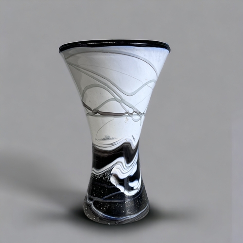 142 - A GOZO GLASS 'NOIR' VASE.
Trumpet shape, with black collage. 
Signed to base.
Height - 16cm