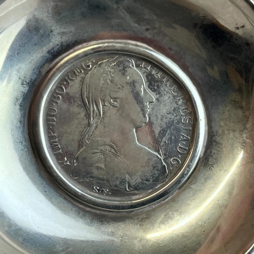 109 - TWO STERLING SILVER COIN INSET DISHES.
One with a George III cartwheel penny and another with a Old ... 