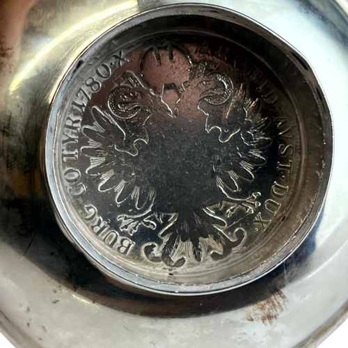 109 - TWO STERLING SILVER COIN INSET DISHES.
One with a George III cartwheel penny and another with a Old ... 