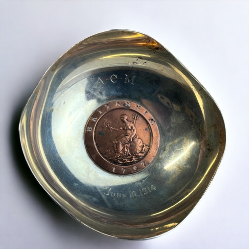 109 - TWO STERLING SILVER COIN INSET DISHES.
One with a George III cartwheel penny and another with a Old ... 