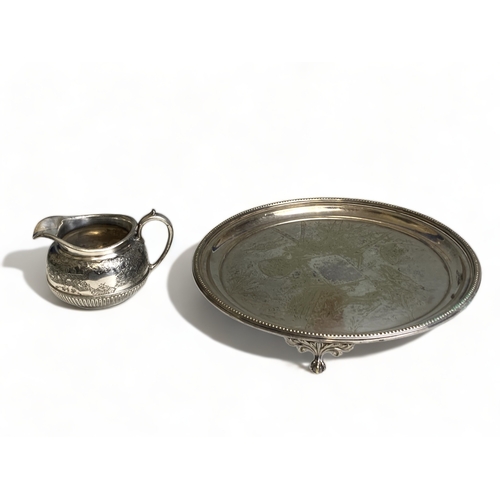 229 - A VICTORIAN SILVER PLATE TRAY AND MILK JUG. DECORATED WITH CHRISTOPHER DRESSER TYPE 'JAPONESQUE' DES... 