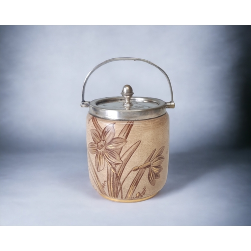 230 - A VICTORIAN H. WIGFULL JAR. BROWN & GILT PRINTED FOLIATE DESIGN.
HEIGHT - 15CM