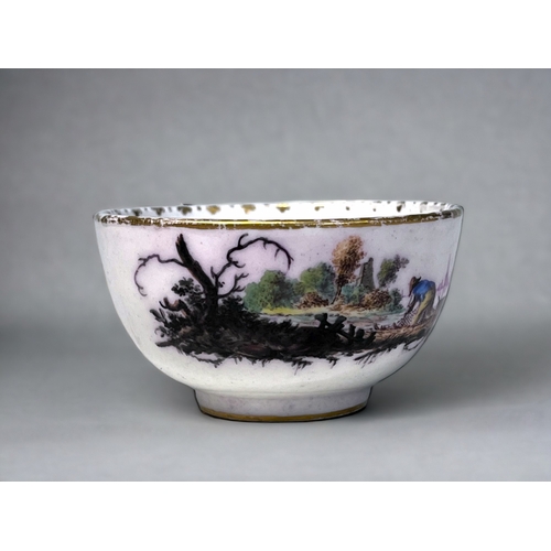 336 - AN 18th CENTURY CONTINENTAL PORCELAIN TEABOWL.
Hand painted in a Meissen style, depicting a fisherma... 