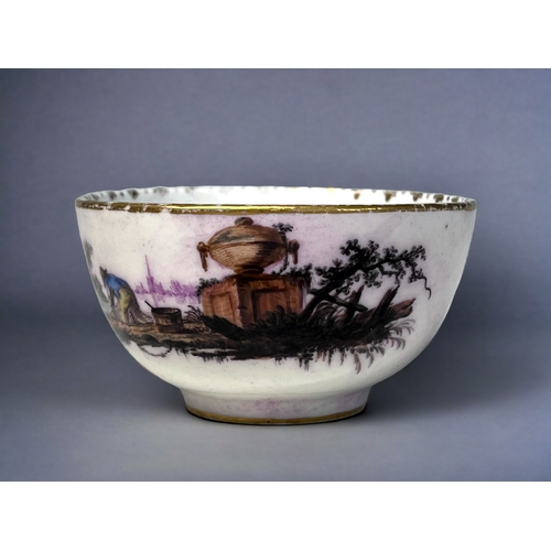 336 - AN 18th CENTURY CONTINENTAL PORCELAIN TEABOWL.
Hand painted in a Meissen style, depicting a fisherma... 