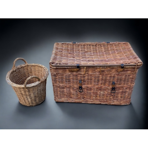 179 - A Large Vintage Wicker Blanket Chest, together with a basket. Size 90cmx56cmx56cm