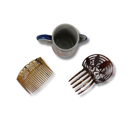 68 - Two Chinese Style Hair Combs & Famille Rose Jug