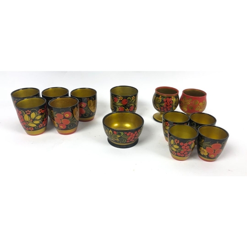 206 - Collection of Russian Khokhloma Folk Art Hand Painted Cups & Bowls