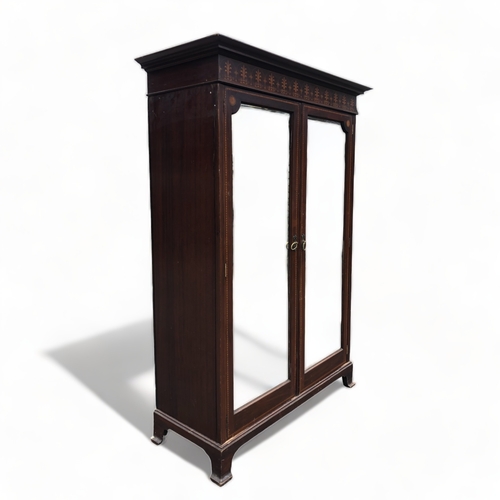 326 - A Late Victorian Mahogany Twin-Door Wardrobe. Inlaid Design with Bevel Edge Mirrored Doors.