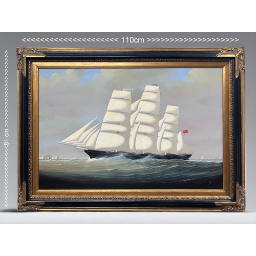 340 - A large 'Cutty Sark' oil on board painting.
Depicting the clipper in rough seas with the Isle of Wig... 