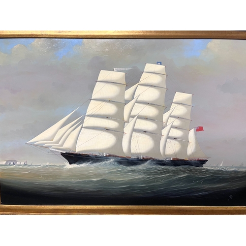 340 - A large 'Cutty Sark' oil on board painting.
Depicting the clipper in rough seas with the Isle of Wig... 