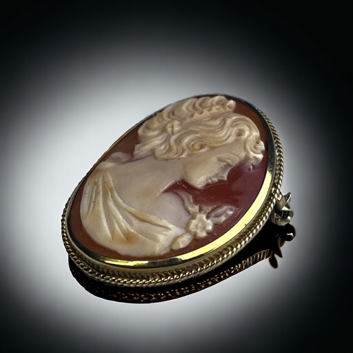 361 - A 9CT Gold Cameo Brooch/Pendant.
Finely carved female cameo.
Hallmarked to bail.
40 x 32mm