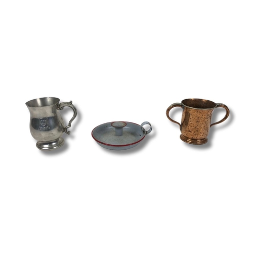 305 - Enamel Candle Holder & Two Collectable Cups (Copper & Pewter)