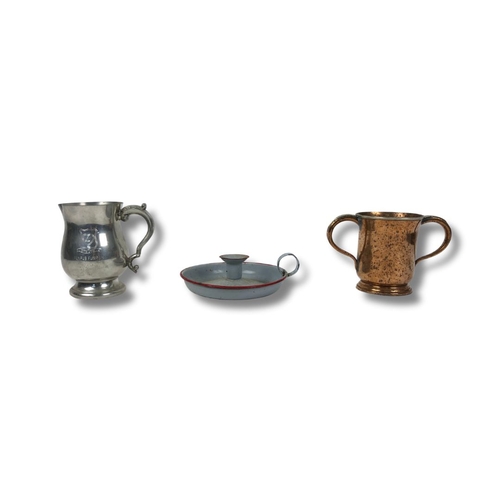 305 - Enamel Candle Holder & Two Collectable Cups (Copper & Pewter)