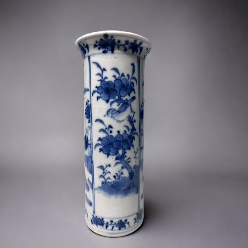 30 - TWO CHINESE PORCELAIN SLEEVE VASES.
Qing dynasty. 
The taller,  underglaze painted with blossoming L... 