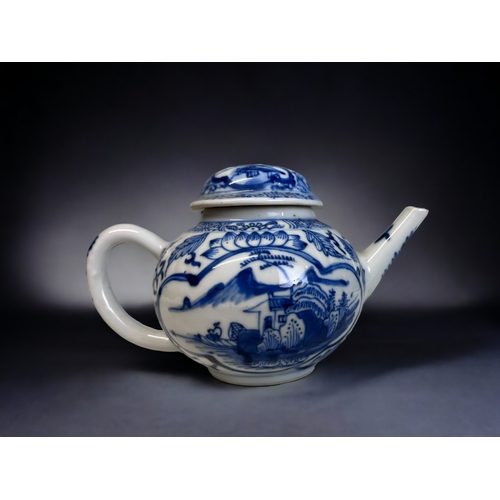 35 - A CHINESE BLUE & WHITE PORCELAIN TEAPOT.
Qianglong (1735-1796).
Painted with fishing village landsca... 