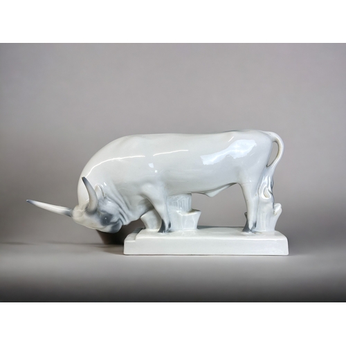 343 - ZSOLNAY PECS PORCELAIN BULL.
Designed by Andras Sinko.
Marked to base,