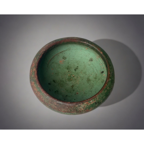 14 - A CHINESE 'HAN DYNASTY' POTTERY CENSER BOWL. GREEN PAINTED. 6 X 15CM