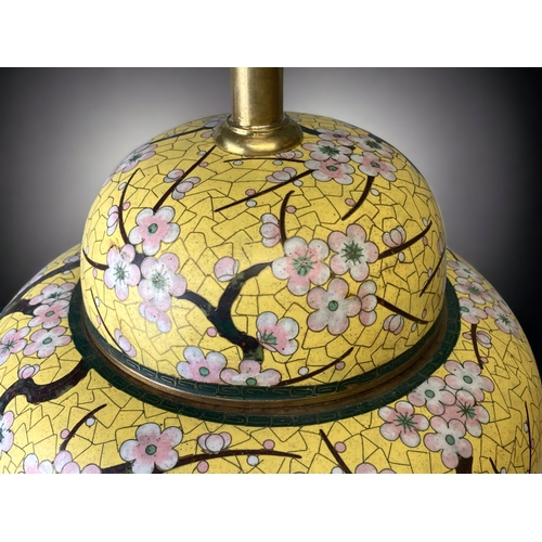 65 - A LARGE CHINESE CLOISONNE JAR & COVER, CONVERTED TO TABLE LAMP. LATE QING DYNASTY. 
IMPERIAL YELLOW ... 