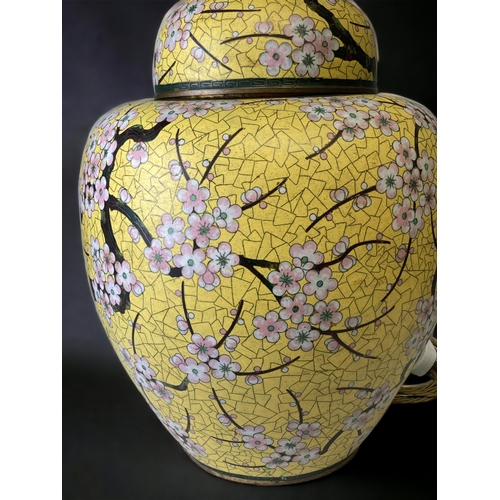 65 - A LARGE CHINESE CLOISONNE JAR & COVER, CONVERTED TO TABLE LAMP. LATE QING DYNASTY. 
IMPERIAL YELLOW ... 