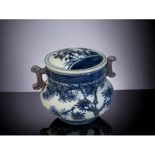 83 - A CHINESE PORCELAIN LIDDED POT AND BRUSH POT.
Hand painted lidded-pot decorated with cherry blossom ... 