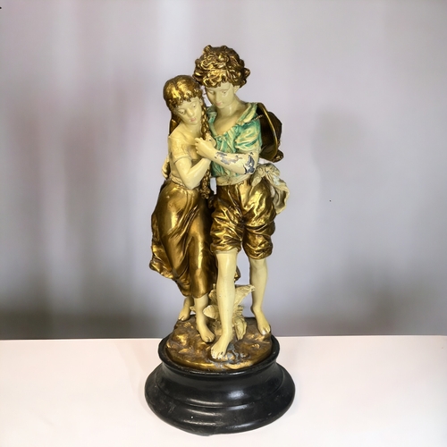 283 - A VERY LARGE PAINTED SPELTER FIGURE SIGNED H. MOREAU MOREAU.
Stood on a large wooden base.
Height - ... 