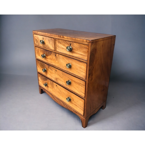 229 - A 19th CENTURY MAHOGANY CHEST OF DRAWERS. George III. Three long, two small drawers. On French brack... 