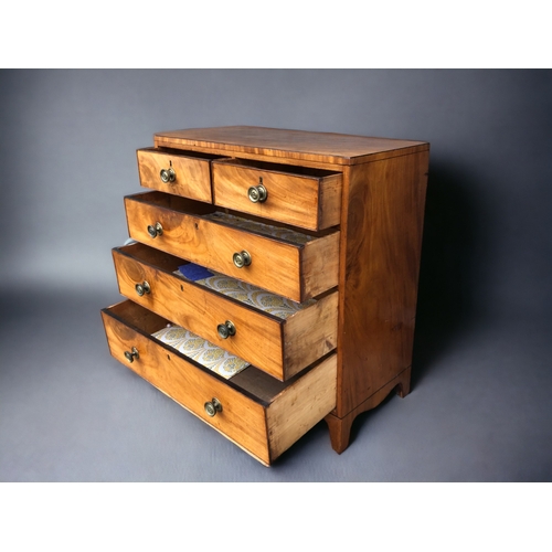 229 - A 19th CENTURY MAHOGANY CHEST OF DRAWERS. George III. Three long, two small drawers. On French brack... 