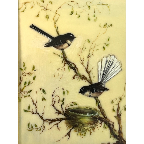 221 - A Nora M Gardner miniature Oil on bone.
Depicting a pair of nesting Fantails. In gilt-metal frame.
1... 