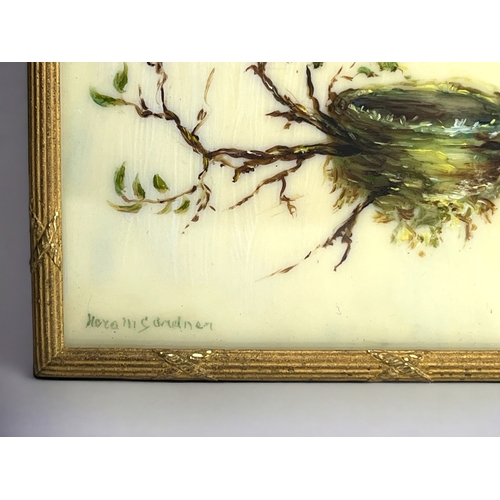 221 - A Nora M Gardner miniature Oil on bone.
Depicting a pair of nesting Fantails. In gilt-metal frame.
1... 