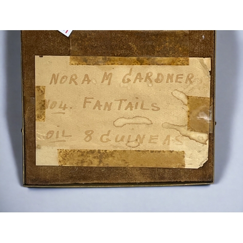 221 - A Nora M Gardner miniature Oil on bone.
Depicting a pair of nesting Fantails. In gilt-metal frame.
1... 