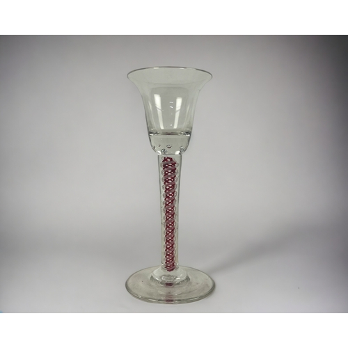 382 - Two Ruby & white Air twist wine glasses. 
Hand blown
Height -15.5cm