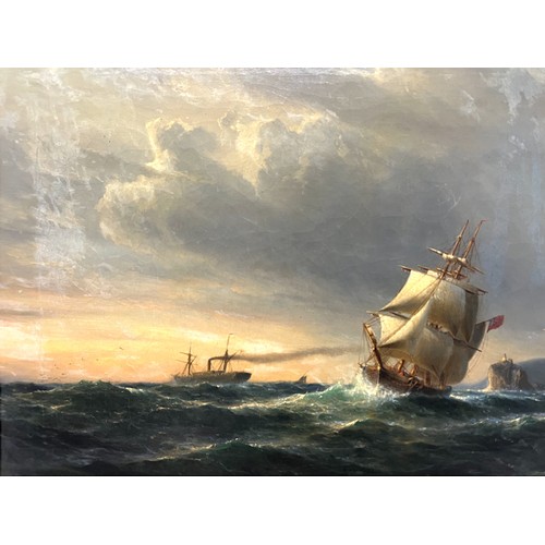 247 - F. Hunten, Germany. 19th Century Oil on Canvas.
Landscape Ship at sea scene with Steamer ship in the... 