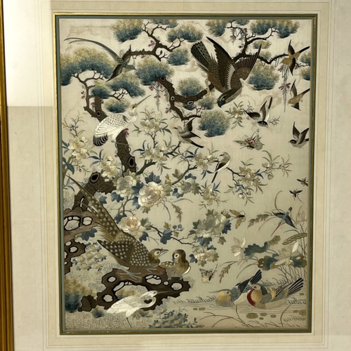 114 - Japanese school, pair of needlework on silk panels. Meiji period. Each finely detailed and elaborate... 